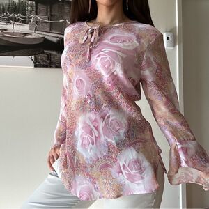 2000's coquette floral dainty bow tie asymmetrical blouse